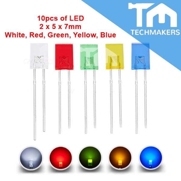 10pcs of Rectangular Diffused White/ Red/ Green/ Yellow/ Blue LED